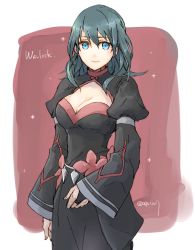 Rule 34 | 1girl, blue eyes, breasts, byleth (female) (fire emblem), byleth (fire emblem), cleavage, closed mouth, fire emblem, fire emblem: three houses, grey hair, large breasts, long sleeves, looking at viewer, medium breasts, medium hair, nintendo, robaco, simple background, smile, solo, standing, twitter username