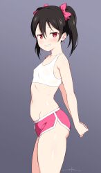 Rule 34 | 1girl, absurdres, arms behind back, ass, bare shoulders, black hair, blush, bow, breasts, commentary, crop top, dolphin shorts, grin, hair between eyes, hair bow, hair ornament, highres, legs together, looking at viewer, love live!, love live! school idol project, medium hair, midriff, navel, red eyes, ribbon, see-through, see-through shirt, short shorts, shorts, simple background, small breasts, smile, solo, stomach, string, tank top, tight clothes, twintails, unsfrau, white tank top, yazawa nico