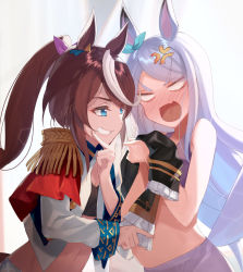 Rule 34 | 2girls, anger vein, animal ears, big belly, blank eyes, blue eyes, blush, bow, breasts, brown hair, capelet, cleavage, epaulettes, grey hair, grin, hair bow, highres, holding, holding clothes, horse ears, horse girl, horse tail, jacket, kabocha (monkey4), long hair, long sleeves, looking at another, mejiro mcqueen (umamusume), multicolored hair, multiple girls, navel, nose blush, open mouth, poking, poking belly, ponytail, single epaulette, smile, smug, sports bra, streaked hair, tail, tokai teio (umamusume), umamusume, upper body, v-shaped eyebrows, v over mouth, white jacket