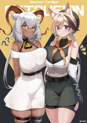 Rule 34 | 2girls, ?, ??, absurdres, animal ears, arknights, arms behind back, ascot, asymmetrical docking, bare shoulders, beeswax (arknights), belt, beret, black thighhighs, blonde hair, blush, breast press, breasts, cardigan (arknights), cat ears, cleavage, commission, contrapposto, covered erect nipples, cowboy shot, detached sleeves, dishui tangni, dress, flying sweatdrops, grey hair, hair between eyes, halterneck, hat, highres, horns, jewelry, large breasts, looking at viewer, low twintails, multicolored hair, multiple girls, off-shoulder dress, off shoulder, open mouth, pendant, pixiv commission, purple eyes, see-through, see-through cleavage, shirt, shirt tucked in, short dress, short shorts, shorts, side-by-side, sideboob, skindentation, sleeveless, sleeveless shirt, smile, streaked hair, thighhighs, turtleneck, twintails, white dress, white hair, yellow eyes, yuri