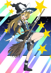 Rule 34 | 1girl, :d, adapted costume, belt, black dress, black footwear, black socks, blonde hair, boots, bow, braid, breasts, broom, buttons, center frills, dress, elbow gloves, frilled dress, frills, gloves, hair bow, hat, hat bow, highres, inuno rakugaki, kirisame marisa, long hair, open mouth, short dress, side braid, single braid, sleeveless, sleeveless dress, small breasts, smile, socks, solo, star (sky), star (symbol), touhou, white bow, witch hat, yellow eyes