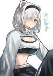 Rule 34 | 1girl, absurdres, animal ears, arknights, aurora (arknights), black hairband, black pants, blue eyes, breasts, cleavage, cleavage cutout, closed mouth, clothing cutout, commentary request, grey hair, hair over one eye, hairband, highres, horobu, knee up, long sleeves, looking at viewer, medium breasts, one-hour drawing challenge, pants, shrug (clothing), simple background, sitting, smile, solo, twitter username, white background