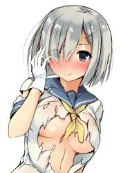Rule 34 | 10s, 1girl, blue eyes, blush, breasts, full-face blush, gloves, hair ornament, hair over one eye, hairclip, hamakaze (kancolle), kantai collection, large breasts, looking at viewer, navel, nironiro, school uniform, serafuku, short hair, short sleeves, silver hair, smile, solo, standing, thighhighs, torn clothes, underboob, upper body, white background, white gloves