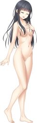 Rule 34 | 1girl, barefoot, black hair, blue eyes, breasts, censored, collarbone, completely nude, full body, full kiss s, hand on own chest, heel up, highres, kawagiri hana, long hair, medium breasts, mosaic censoring, navel, nipples, nude, official art, open mouth, photoshop (medium), pussy, solo, standing, tachi-e, transparent background, unasaka ryou