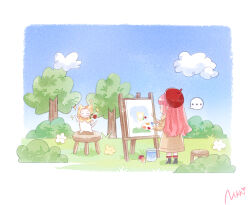 Rule 34 | ..., 1boy, 1girl, black footwear, blush, brown coat, canvas (object), cat, chinese commentary, clear sky, cloud, coat, commentary request, copyright name, drawing, flower, flower on mouth, from behind, long hair, momo (miracle nikki), nikki (miracle nikki), official art, paintbrush, painting (object), palette (object), pink hair, red headwear, rose, shining nikki, signature, sky, speech bubble, tree, yellow cloak