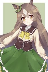 Rule 34 | 1girl, animal ears, arms at sides, black sailor collar, black vest, blush, border, bow, braid, brown eyes, brown hair, brown shirt, closed mouth, collared shirt, commentary, ear ornament, green background, green skirt, half updo, highres, horse ears, ixia (ixia424), long hair, long sleeves, looking at viewer, outside border, puffy long sleeves, puffy sleeves, sailor collar, satono diamond (umamusume), shirt, skirt, smile, solo, standing, twin braids, umamusume, very long hair, vest, white border, white shirt, yellow bow, yellow neckwear
