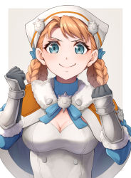 Rule 34 | 1girl, alternate hairstyle, annette fantine dominic, blue eyes, blue ribbon, braid, braided hair rings, breasts, cape, cleavage, clenched hands, closed mouth, dress, fire emblem, fire emblem: three houses, fire emblem warriors, fire emblem warriors: three hopes, fur-trimmed gloves, fur trim, gloves, hands up, looking at viewer, medium breasts, nintendo, official alternate costume, official alternate hairstyle, orange cape, orange hair, ribbon, simple background, smile, solo, ten (tenchan man), twin braids, twintails, upper body, v-shaped eyebrows, white dress