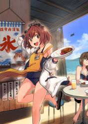 Rule 34 | 1other, 2girls, adapted costume, admiral (kancolle), apron, barefoot, beach, black one-piece swimsuit, blue eyes, braid, brown eyes, brown hair, casual one-piece swimsuit, commentary request, counter, curry, day, drawstring, feet out of frame, flat chest, food, glass, hair flaps, hair over shoulder, hamster, headgear, hood, hooded jacket, hoodie, indoors, jacket, kantai collection, kirisawa juuzou, looking at viewer, multiple girls, name tag, non-human admiral (kancolle), one-piece swimsuit, sandals, school swimsuit, shigure (kancolle), short hair, single braid, smile, speaking tube headset, swimsuit, table, traditional media, white jacket, yellow apron, yukikaze (kancolle)
