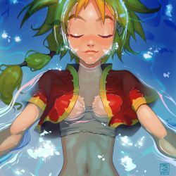Rule 34 | 1girl, afloat, blonde hair, breasts, chrono cross, closed eyes, crop top, cropped jacket, facial mark, fumezu1, highres, jacket, kid (chrono cross), long hair, midriff, multi-tied hair, navel, partially submerged, red jacket, shirt, short sleeves, small breasts, smile, solo, upper body, water, white shirt