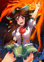 Rule 34 | 1girl, ahoge, arm cannon, arm up, bird wings, black wings, blush, bow, breasts, brown hair, buttons, cape, collared shirt, commentary request, control rod, cowboy shot, fire, frilled shirt collar, frilled skirt, frills, green bow, green skirt, hair bow, highres, jouzou, large breasts, long hair, looking at viewer, open mouth, pointing, pointing up, puffy short sleeves, puffy sleeves, red eyes, reiuji utsuho, shirt, short sleeves, skirt, smile, solo, starry sky print, teeth, third eye, touhou, upper teeth only, weapon, white cape, white shirt, wings