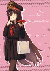 Rule 34 | 1girl, bag, black hair, black hat, english text, fate/grand order, fate (series), handbag, happy valentine, hat, highres, leggings, licking lips, long hair, oda nobunaga (fate), oda nobunaga (koha-ace), oda uri, pantyhose, red eyes, school uniform, smile, solo, tongue, tongue out, yzrh0