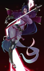 Rule 34 | armor, bodysuit, breasts, commission, cube hair ornament, fate/grand order, fate (series), fingerless gloves, gloves, hair ornament, highres, japanese armor, kamuify, katana, large breasts, lightning, long hair, low-tied long hair, minamoto no raikou (fate), purple bodysuit, purple eyes, purple hair, ribbed sleeves, sword, weapon