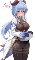 Rule 34 | 1girl, absurdres, ahoge, bare shoulders, bell, blue gloves, blue hair, blush, bodysuit, breasts, cameltoe, cleft of venus, cowboy shot, detached sleeves, ganyu (genshin impact), genshin impact, gloves, goat horns, heart, highres, horns, large breasts, long hair, long sleeves, looking at viewer, parted lips, pelvic curtain, red eyes, redshark (t373412), simple background, smile, solo, thighs, white background