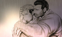 Rule 34 | 2boys, arm hair, bara, beard, comforting, couple, facial hair, hair slicked back, hair strand, hairy, hand on another&#039;s head, holding hands, hug, hug from behind, male focus, mature male, monochrome, multiple boys, muscular, muscular male, original, rain, sad, shirt, short hair, sideburns, sleeves rolled up, tarowo, upper body, water drop, wet, wet clothes, wet shirt, yaoi