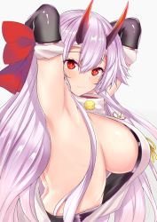 Rule 34 | 1girl, armpits, arms behind head, bare shoulders, blush, breasts, fate/grand order, fate (series), hair between eyes, headband, highres, horns, large breasts, long hair, looking at viewer, pink hair, red eyes, sankakusui, sideboob, simple background, slit pupils, smile, solo, tomoe gozen (fate), upper body
