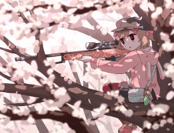 Rule 34 | 1girl, absurdres, aiming, animal hood, avogado6, bag, bag charm, black eyes, black hat, black shorts, blush, boots, brown hair, cabbie hat, charm (object), cherry blossoms, child, commentary, crossed ankles, dappled sunlight, explosive, foliage, from side, grenade, gun, hair ornament, hair ribbon, hairclip, hat, highres, holding, holding gun, holding weapon, hood, hood down, hoodie, in tree, kawaii girl (avogado6), long sleeves, open mouth, original, outdoors, pantyhose, pantyhose under shorts, pink hoodie, pink pantyhose, pink ribbon, rabbit hood, ribbon, rifle, scope, short hair, shorts, shoulder bag, sitting, sitting in tree, sniper rifle, solo, sunlight, tree, two side up, weapon