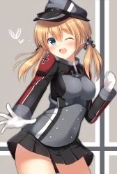 Rule 34 | 10s, 1girl, ;d, anchor hair ornament, blonde hair, blue eyes, blush, breasts, cross, gloves, hair between eyes, hair ornament, hat, heart, iron cross, kantai collection, long hair, long sleeves, looking at viewer, microskirt, military, military uniform, one eye closed, open mouth, peaked cap, prinz eugen (kancolle), skirt, smile, solo, standing, tomoo (tomo), tongue, twintails, uniform, white gloves, wink