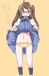 Rule 34 | 1girl, absurdres, ahoge, asymmetrical bangs, bad id, bad twitter id, black socks, blue eyes, blue skirt, blush, bow, bow panties, brown hair, character request, closed mouth, clothes lift, commentary request, dated, eyebrows, flashing, gluteal fold, groin, highres, kneehighs, lifting own clothes, long hair, long twintails, looking at viewer, mouth hold, navel, nose blush, orange panties, original, panties, panties day, pleated skirt, polka dot, polka dot panties, sekira ame, shirt, short sleeves, simple background, sketch, skirt, skirt lift, socks, solo, standing, stomach, thigh gap, translation request, twintails, underwear, white shirt, yellow background
