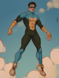 Rule 34 | 1boy, abs, bandaid, bandaid on cheek, bandaid on face, bara, black hair, blood, blood on face, blue sky, bodysuit, bulge, enri (ceinordraws), eye mask, fingerless gloves, flying, full body, gloves, highres, invincible (series), male focus, mark grayson, mask, multicolored bodysuit, multicolored clothes, muscular, muscular male, navel, pectorals, shoes, short hair, skin tight, sky, sneakers, solo, superhero costume, yellow footwear, yellow gloves