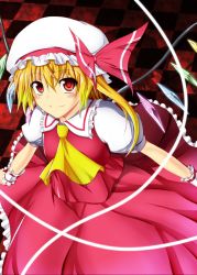 Rule 34 | 1girl, bad id, bad pixiv id, blonde hair, checkered floor, female focus, flandre scarlet, floor, hat, oukawa yuu, outstretched arms, perspective, red eyes, side ponytail, smile, solo, touhou, wings, wrist cuffs