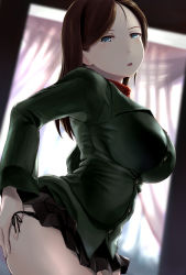 Rule 34 | 10s, 1girl, arched back, black legwear, black panties, black skirt, blue eyes, blurry, blurry background, breasts, brown hair, buttons, clothes lift, commentary request, curtains, from side, girls und panzer, highres, indoors, large breasts, lifted by self, long hair, long sleeves, looking at viewer, nonna (girls und panzer), open mouth, panties, pleated skirt, pravda school uniform, school uniform, side-tie panties, skirt, skirt lift, solo, standing, strap pull, underwear, uniform, wa (genryusui)
