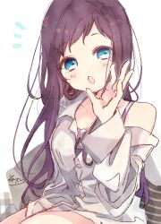 Rule 34 | 1girl, aiba uiha, blue eyes, blush, brown hair, camisole, collarbone, collared shirt, commentary request, dress shirt, hand up, long hair, long sleeves, nijisanji, notice lines, off shoulder, open mouth, purple camisole, shirt, signature, simple background, sitting, sofra, solo, teeth, upper teeth only, very long hair, virtual youtuber, white background, white shirt