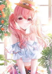 Rule 34 | 1girl, absurdres, backlighting, belt, blush, crop top, day, floral print, flower, highres, indoors, long hair, looking at viewer, mairu003, midriff, momoi airi, off shoulder, open mouth, pink hair, plant, project sekai, red eyes, skirt, solo, sunlight, twintails
