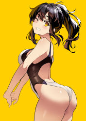 Rule 34 | 1girl, ass, back, back cutout, bare shoulders, black one-piece swimsuit, blush, breasts, brown hair, clothing cutout, commentary request, competition swimsuit, cowboy shot, grin, high ponytail, highleg, highleg swimsuit, highres, interlocked fingers, kekemotsu, large breasts, long hair, looking at viewer, looking back, looking to the side, median furrow, one-piece swimsuit, one eye closed, original, ponytail, sidelocks, smile, solo, standing, stretching, swimsuit, thighs, two-tone swimsuit, wedgie, white one-piece swimsuit, yellow background, yellow eyes