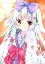 Rule 34 | 1girl, animal ears, bow, character request, commentary request, copyright request, hair bow, hair ribbon, highres, japanese clothes, kimono, kouda suzu, leaf, light green hair, long hair, maple leaf, red eyes, ribbon, silver hair, sketch, smile