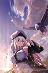 Rule 34 | 1girl, armpits, artist name, azur lane, bald eagle, bare shoulders, between breasts, bird, black coat, black necktie, black skirt, breasts, buttons, cloud, coat, collared shirt, eagle, enterprise (azur lane), floating hair, from below, hat, large breasts, looking at another, military, military uniform, necktie, necktie between breasts, nogi lief, outstretched hand, peaked cap, petals, purple eyes, shirt, signature, silver hair, skirt, sky, sleeveless, sleeveless shirt, solo, standing, sunlight, sunrise, tree, underbust, uniform, upper body, white hat, white shirt