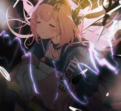 Rule 34 | 1girl, animal ears, arknights, black bow, black choker, black hairband, blue bow, blush, bow, braid, cat ears, choker, closed eyes, closed mouth, clothes writing, coat, crying, electricity, goldenglow (arknights), hair bow, hairband, knees to chest, lightning bolt print, long sleeves, multicolored coat, namie-kun, open clothes, open coat, scissors, shirt, side braid, simple background, sitting, solo, tears, two-tone coat, white background, white shirt
