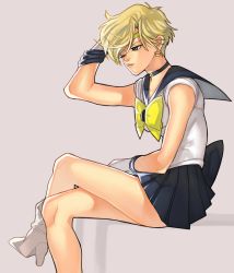 Rule 34 | 1990s (style), 1girl, arutera, bad id, bad pixiv id, bishoujo senshi sailor moon, blonde hair, blue sailor collar, blue skirt, boots, bow, highres, crossed legs, sailor collar, sailor uranus, short hair, sitting, skirt, solo, ten&#039;ou haruka, yellow bow