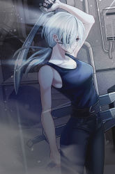 Rule 34 | 1girl, absurdres, arm up, bare arms, belt, belt buckle, black belt, black pants, blue tank top, breasts, buckle, chainsaw man, cleavage, closed mouth, commentary, cowboy shot, eyepatch, grey eyes, highres, holding, holding sword, holding weapon, long hair, low ponytail, mdxd2454, medium breasts, pants, quanxi (chainsaw man), solo, standing, sword, tank top, weapon, white hair