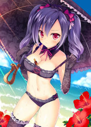 Rule 34 | 10s, 1girl, beach, between breasts, bikini, blush, breasts, cleavage, cloud, collarbone, cowboy shot, day, dutch angle, elbow gloves, floral print, flower, frills, gloves, hairband, hibiscus, idolmaster, idolmaster cinderella girls, kanzaki ranko, light rays, lolita hairband, medium breasts, navel, outdoors, parasol, print gloves, print thighhighs, purple hair, red eyes, rei (rei&#039;s room), short hair, sky, smile, solo, sparkle, sunbeam, sunlight, swimsuit, thighhighs, twintails, umbrella, water