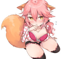 Rule 34 | 10s, 1girl, animal ears, black thighhighs, blush, bra, breasts, cleavage, collarbone, fate/extra, fate/extra ccc, fate/grand order, fate (series), fox ears, fox tail, hood, hoodie, large breasts, looking at viewer, looking up, official alternate costume, open clothes, open shirt, pink bra, pink hair, rinchu, shirt, solo, striped clothes, striped hoodie, tail, tamamo (fate), tamamo no mae (fate/extra), tamamo no mae (spring casual) (fate), thighhighs, underwear, yellow eyes