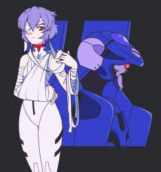 Rule 34 | 1girl, absurdres, ayanami rei, bandage over one eye, bandaged arm, bandages, blue hair, bodysuit, breasts, closed mouth, commentary, eva 00, expressionless, hair between eyes, highres, jeff miga, looking at viewer, mecha, medium breasts, neon genesis evangelion, plugsuit, red eyes, robot, short hair, solo, standing, white bodysuit
