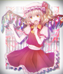Rule 34 | 1girl, absurdres, ascot, blonde hair, candy, candy heart, cowboy shot, crystal wings, dress, flandre scarlet, food, frilled dress, frills, hat, highres, holding, holding candy, holding food, jiujiu1115, mob cap, puffy short sleeves, puffy sleeves, red eyes, short sleeves, side ponytail, solo, touhou, yellow ascot