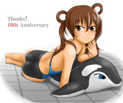 Rule 34 | 1girl, alternate hairstyle, barefoot, brown eyes, brown hair, competition swimsuit, dolphin, flat chest, inflatable dolphin, inflatable orca, inflatable raft, inflatable toy, long hair, lying, on stomach, one-piece swimsuit, orca, original, solo, swimsuit, tk4, twintails