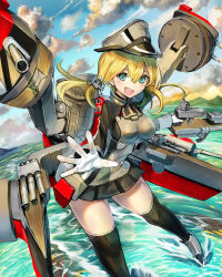 Rule 34 | 10s, 1girl, :d, bad id, bad pixiv id, blonde hair, cross, daishou, gloves, hair ornament, hat, highres, iron cross, kantai collection, long hair, machinery, open mouth, over-kneehighs, peaked cap, prinz eugen (kancolle), smile, solo, thighhighs, turret, twintails, uniform