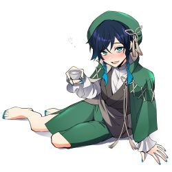 Rule 34 | 1boy, aqua eyes, barefoot, beret, black hair, blue hair, blue nails, braid, cup, drunk, genshin impact, gradient hair, green hat, hair between eyes, hat, highres, holding, holding cup, japanese clothes, long sleeves, looking at viewer, male focus, multicolored hair, nail polish, official alternate costume, parted lips, rome romedo, saliva, simple background, sitting, solo, squeans, tassel, toenail polish, toenails, trap, twin braids, venti (genshin impact), white background