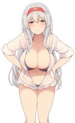 Rule 34 | 10s, 1girl, absurdres, bad id, bad twitter id, bikini, black bikini, blush, breasts, brown eyes, cleavage, collarbone, hairband, highres, hood, hoodie, kantai collection, large breasts, leaning forward, light smile, long hair, navel, open clothes, open hoodie, shoukaku (kancolle), simple background, solo, suisen toire (moko924), swimsuit, white background, white hair