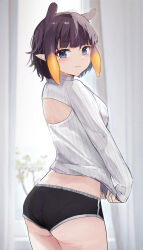 Rule 34 | 1girl, alternate hair length, alternate hairstyle, animal ears, ass, black hair, black shorts, blunt bangs, blush, closed mouth, cowboy shot, dolphin shorts, extra ears, from behind, gradient hair, highres, hololive, hololive english, indoors, long sleeves, looking at viewer, multicolored hair, ninomae ina&#039;nis, orange hair, short hair, shorts, shuuzo3, sleeves past wrists, smile, solo, sweater, tentacle hair, virtual youtuber, white sweater
