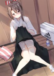 Rule 34 | 1girl, adidas, alternate costume, bag, black hakama, blush, bottle, brown eyes, clothes lift, full body, hair between eyes, hakama, hakama lift, hakama skirt, high ponytail, highres, japanese clothes, kantai collection, lifting own clothes, long hair, looking at viewer, school bag, sitting, skirt, solo, spread legs, zarashi, zuihou (kancolle)