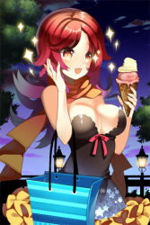 Rule 34 | 1girl, arm up, bag, bare shoulders, bow, breasts, cleavage, food, frilled skirt, frills, grin, holding, ice cream, ice cream cone, lamppost, large breasts, long hair, lowres, night, odeu, open mouth, orange eyes, outdoors, parted bangs, pleated skirt, red hair, ribbon, scarf, shopping bag, skirt, smile, solo, sparkle, star (symbol), strapless, sword girls, tree