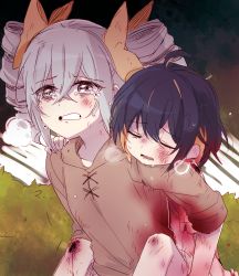 Rule 34 | 2girls, 6 (yuchae), :o, black hair, bleeding, blood, blood on clothes, bow, bronya zaychik, brown hoodie, carrying, crying, crying with eyes open, drill hair, grey eyes, grey hair, hair between eyes, hair bow, honkai (series), honkai impact 3rd, hood, hoodie, injury, multiple girls, open mouth, piggyback, seele vollerei, short hair, sleeves rolled up, tears, teeth, twin drills
