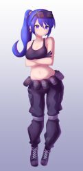 Rule 34 | 1girl, :/, absurdres, arms under breasts, baggy pants, bare arms, bare shoulders, black footwear, black gloves, black pants, black tank top, blue background, blue eyes, blue hair, breasts, character request, cleavage, closed mouth, commission, copyright request, crop top, crossed arms, earrings, eyewear on head, full body, gloves, gradient background, hair between eyes, high ponytail, highres, jewelry, long hair, medium breasts, midriff, navel, p.m, pants, ponytail, shoelaces, shoes, solo, standing, stomach, sunglasses, sunglasses on head, swept bangs, tank top