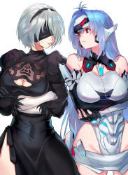Rule 34 | android, arms under breasts, bare shoulders, black blindfold, black dress, blindfold, blue hair, breasts, cleavage cutout, clothing cutout, covered eyes, covered navel, crossed arms, crossover, dress, feather-trimmed sleeves, forehead protector, hairband, headgear, highleg, highleg leotard, highres, juliet sleeves, kos-mos, large breasts, leotard, long hair, long sleeves, looking at another, looking to the side, mole, mole under mouth, negresco, nier:automata, nier (series), parted bangs, puffy sleeves, red eyes, silver hair, simple background, thighs, white leotard, xenosaga, 2b (nier:automata)