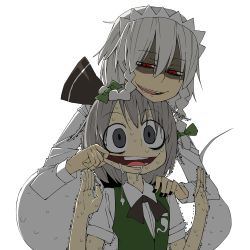 Rule 34 | 2girls, bad id, bad pixiv id, bow, braid, drooling, empty eyes, female focus, finger in another&#039;s mouth, fingersmile, ghost, grey eyes, hair bow, hitodama, izayoi sakuya, konpaku youmu, konpaku youmu (ghost), maid headdress, mouth pull, multiple girls, open mouth, rape face, red eyes, saliva, shaded face, short hair, silver hair, simple background, sweat, ten desires, touhou, trembling, twin braids, upper body, vest, yaza, you gonna get raped