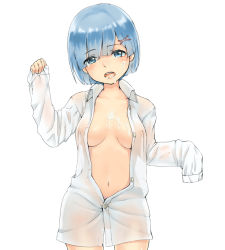 Rule 34 | 10s, 1girl, blue eyes, blue hair, breasts, cleavage, covered erect nipples, cum, cum in mouth, cum on body, cum on breasts, cum on upper body, eyes visible through hair, facial, hair ornament, hair over one eye, highres, long sleeves, looking at viewer, matching hair/eyes, medium breasts, naked shirt, navel, okitanation, open mouth, re:zero kara hajimeru isekai seikatsu, rem (re:zero), see-through, shirt, short hair, simple background, sleeves past wrists, solo, teardrop, unbuttoned, white background, white shirt, x hair ornament