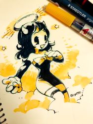 Rule 34 | 1girl, alice (bendy and the ink machine), bendy, bendy and the ink machine, black hair, black lips, detached sleeves, gloves, halo, horns, lipstick, long hair, makeup